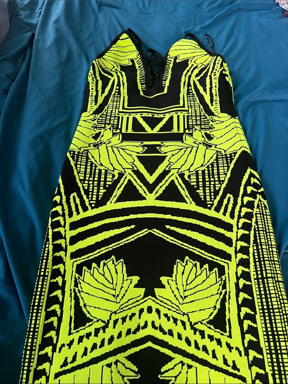 Neon Yellow & Black Geometric Bodycon Bandage Dress Large - Picture 12 of 13